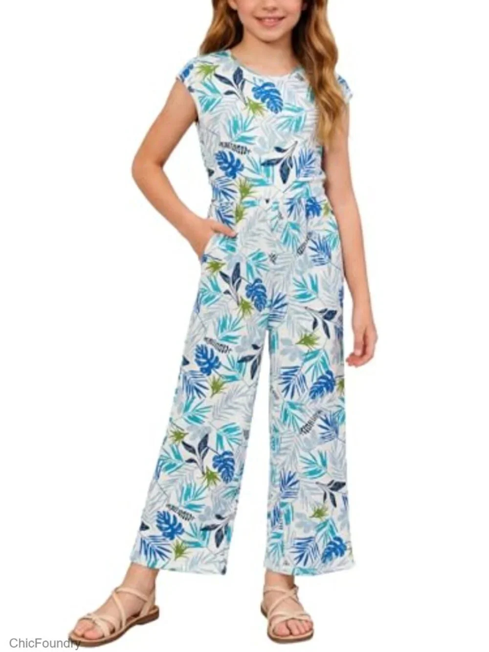 Girls Ribbed Cap Sleeve Wide Leg Jumpsuit Floral Print